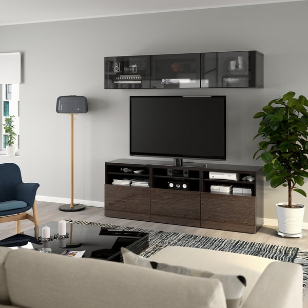BESTÅ TV storage combination/glass doors, black-brown/Selsviken high-gloss/brown clear glass, 180x42x192 cm