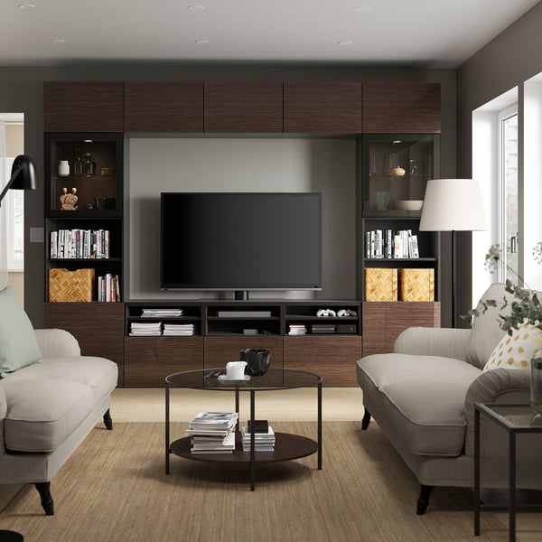 BESTÅ TV storage combination/glass doors, black-brown/Selsviken high-gloss/brown clear glass, 300x42x231 cm