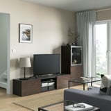 BESTÅ TV storage combination/glass doors, black-brown/Selsviken high-gloss/brown clear glass, 240x42x129 cm