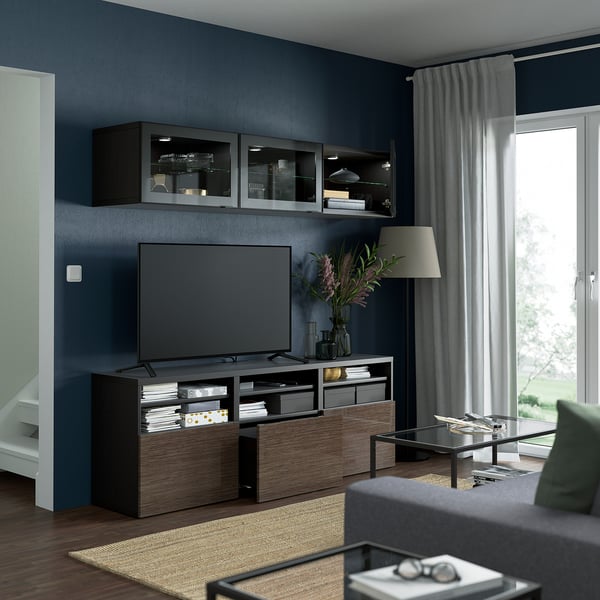 BESTÅ TV storage combination/glass doors, black-brown/Selsviken high-gloss/brown clear glass, 180x42x192 cm