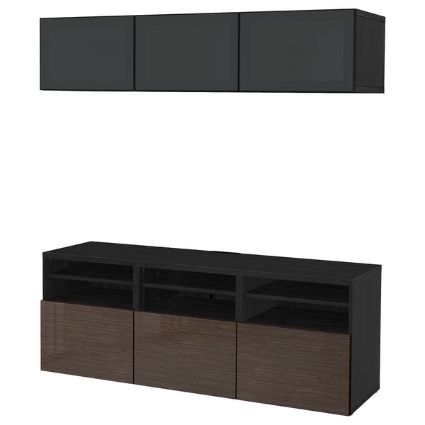 BESTÅ TV storage combination/glass doors, black-brown/Selsviken high-gloss/brown smoked glass, 180x42x192 cm