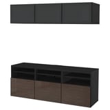BESTÅ TV storage combination/glass doors, black-brown/Selsviken high-gloss/brown smoked glass, 180x42x192 cm