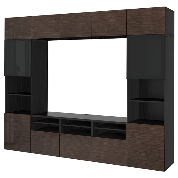 BESTÅ TV storage combination/glass doors, black-brown/Selsviken high-gloss/brown smoked glass, 300x42x231 cm