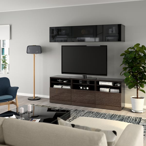 BESTÅ TV storage combination/glass doors, black-brown/Selsviken high-gloss/brown smoked glass, 180x42x192 cm
