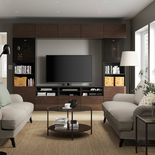 BESTÅ TV storage combination/glass doors, black-brown/Selsviken high-gloss/brown smoked glass, 300x42x231 cm