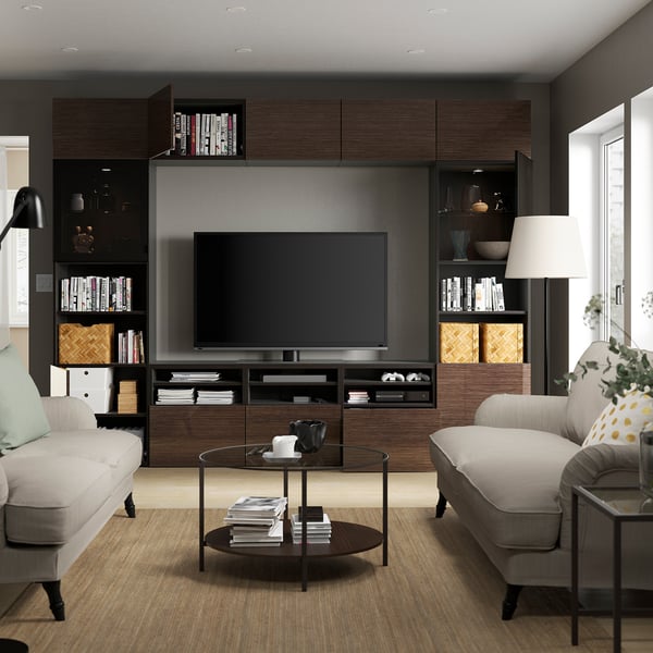 BESTÅ TV storage combination/glass doors, black-brown/Selsviken high-gloss/brown smoked glass, 300x42x231 cm
