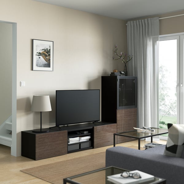 BESTÅ TV storage combination/glass doors, black-brown/Selsviken high-gloss/brown smoked glass, 240x42x129 cm