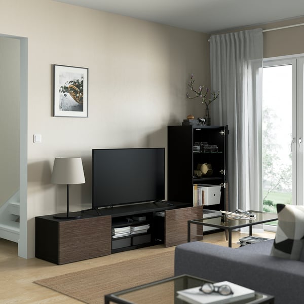BESTÅ TV storage combination/glass doors, black-brown/Selsviken high-gloss/brown smoked glass, 240x42x129 cm