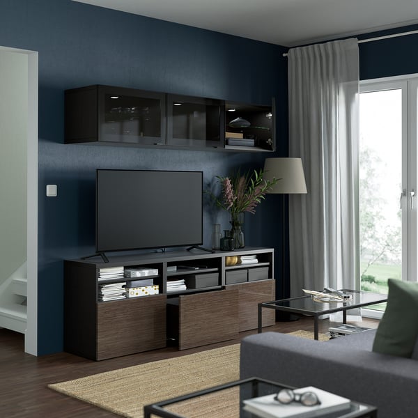 BESTÅ TV storage combination/glass doors, black-brown/Selsviken high-gloss/brown smoked glass, 180x42x192 cm