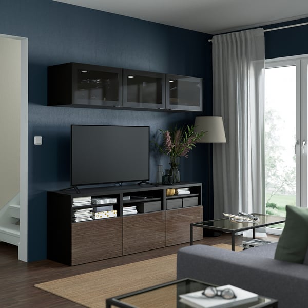 BESTÅ TV storage combination/glass doors, black-brown/Selsviken high-gloss/brown smoked glass, 180x42x192 cm