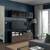 BESTÅ TV storage combination/glass doors, black-brown/Selsviken high-gloss/brown smoked glass, 180x42x192 cm