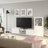BESTÅ TV storage combination/glass doors, Hanviken white clear glass, 240x42x129 cm