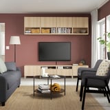 BESTÅ TV storage combination, white stained oak effect/Lappviken/Stubbarp white stained oak effect, 240x42x230 cm