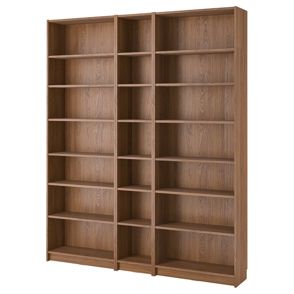 Wooden BILLY bookcase, light brown, tall with multiple shelves.