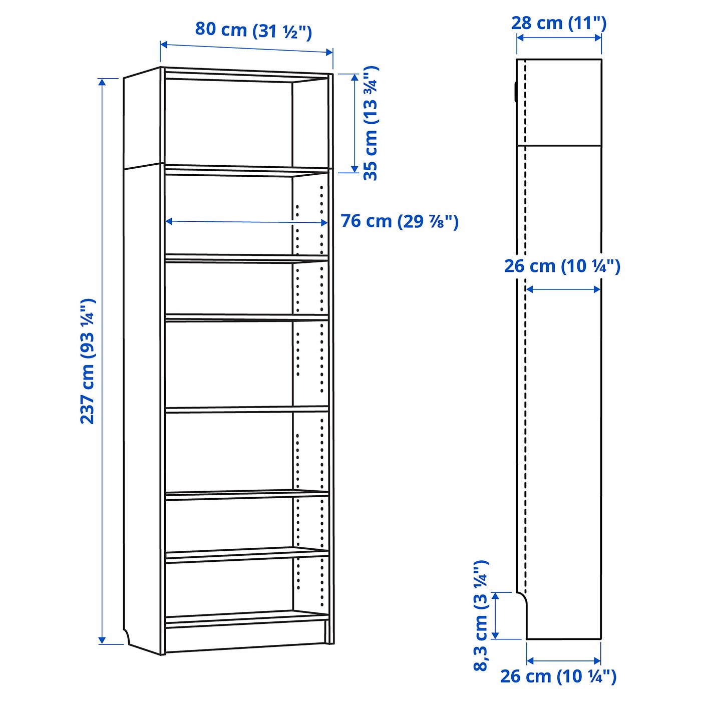 BILLY bookcase, white, 80x28x237 cm - IKEA