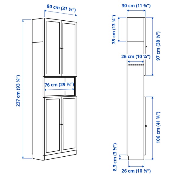 BILLY / OXBERG Bookcase w doors/extension unit, oak effect, 80x30x237 cm