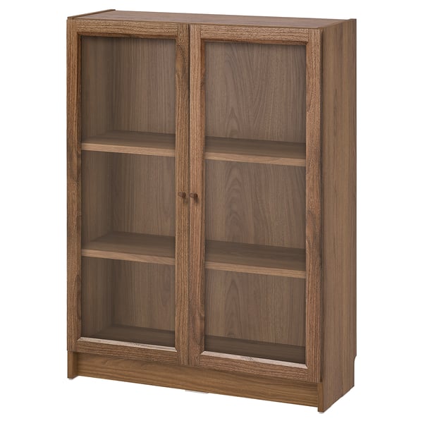 BILLY bookcase: brown, wooden, rectangular, 3 shelves, 2 glass doors.