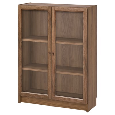 BILLY bookcase: brown, wooden, rectangular, 3 shelves, 2 glass doors.