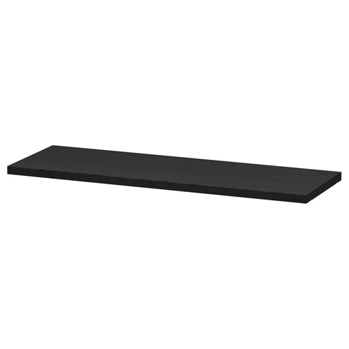 Black ikea BILLY shelf, rectangular, made of particleboard, paper foil, and plastic edging.