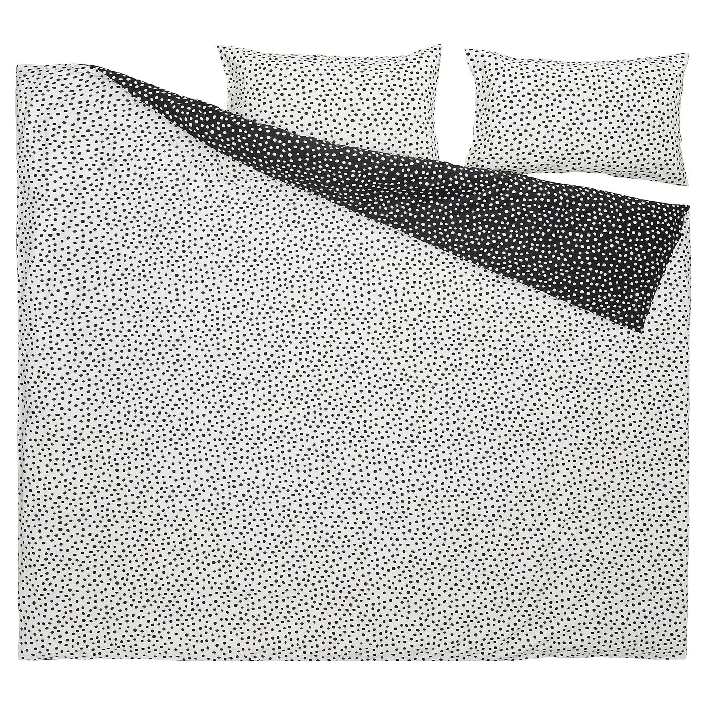 BJÖRKGRÅMAL bedding set: dotted white/black, soft cotton-blend, rectangular with 3 pillows.