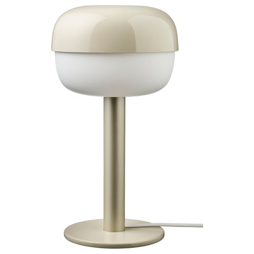 BLÅSVERK lamp, beige, round shape, modern design, aluminium tube, plastic shade.