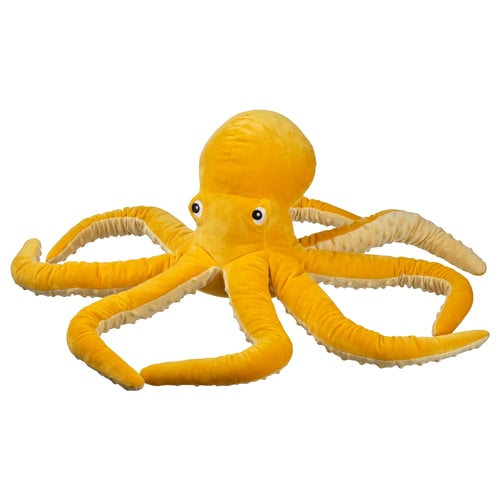 Octopus cuddly toy, bright yellow, soft, eight arms, friendly face.