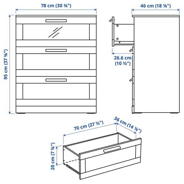 BRIMNES Chest of 3 drawers, white/frosted glass, 78x95 cm