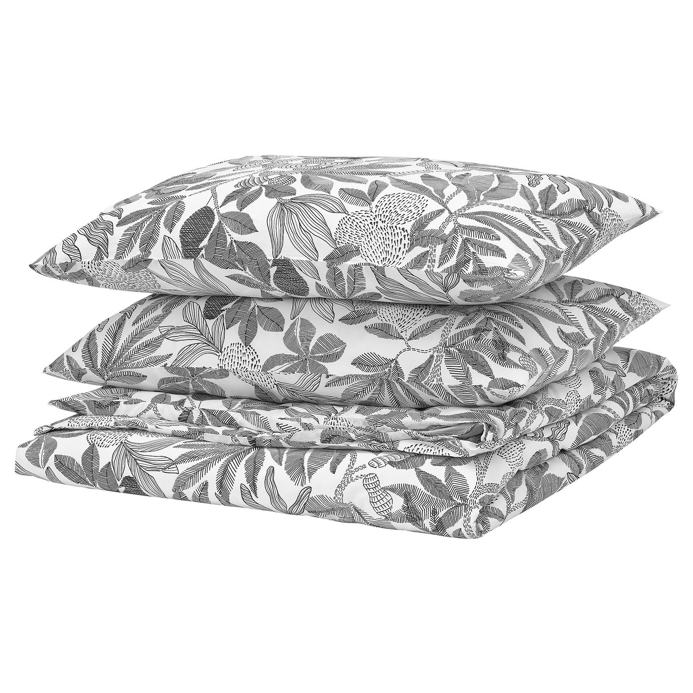 Black and white floral BROKDRACENA bedding set, recycled polyester, rectangular cushions.