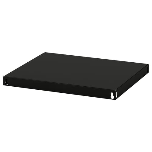 Black metal shelf with sleek, rectangular shape; strong, durable design.