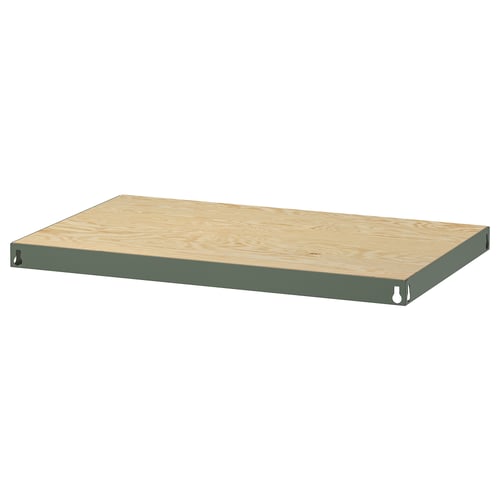 BROR: sturdy green shelf, wooden top, rectangular, wall-mounted, heavy-duty design, ideal for dense spaces.