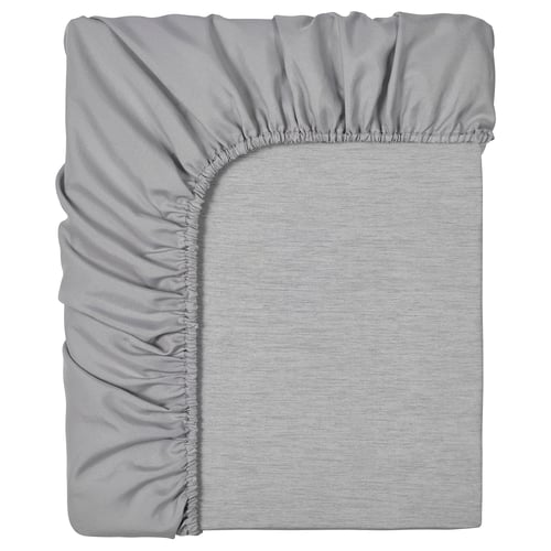 BRUDBORSTE grey fitted sheet, rectangle, elastic edges, recycled polyester sides.