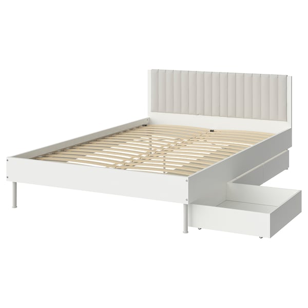 BRUKSVARA Bed frame with 3 storage boxes, white, 150x200 cm