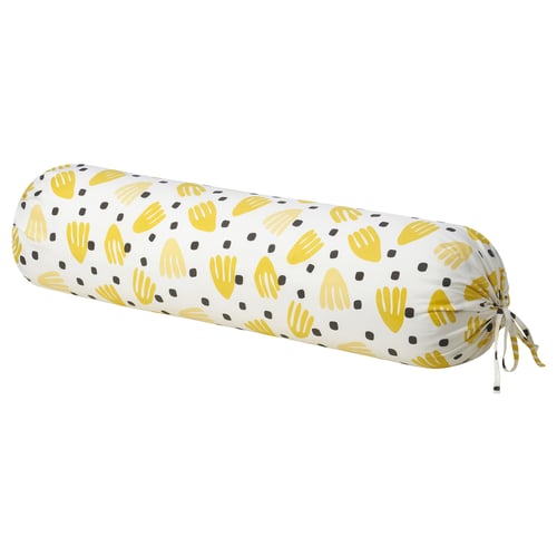 BRUKSVARA roll pillow, yellow/white, recycled polyester, cylindrical, playful print.
