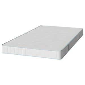 Thi describes a rectangular white mattress with blue trim and handles for easy movement displayed on a white background.