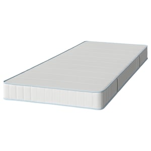 A white BRUKSVARA mattress with blue trim, rectangular, and slightly elevated at one end, featuring a grid pattern on top.