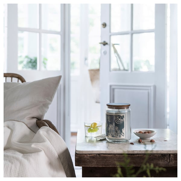 BUKETTAPEL Scented candle/glass w lid/2 wicks, bergamot & cedarwood/pale green, 100 hr