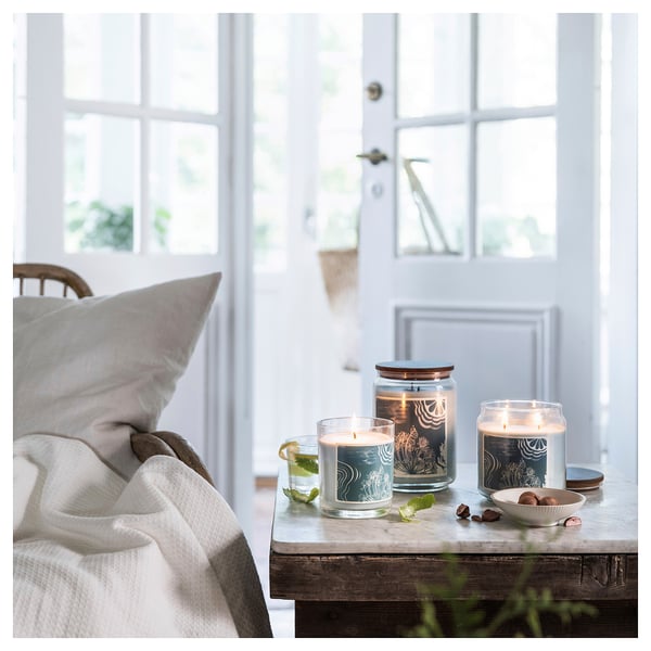 BUKETTAPEL Scented candle/glass w lid/2 wicks, bergamot & cedarwood/pale green, 100 hr