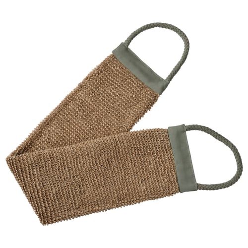DVÄRGHYACINT brown jute back scrubber with green cotton loops.