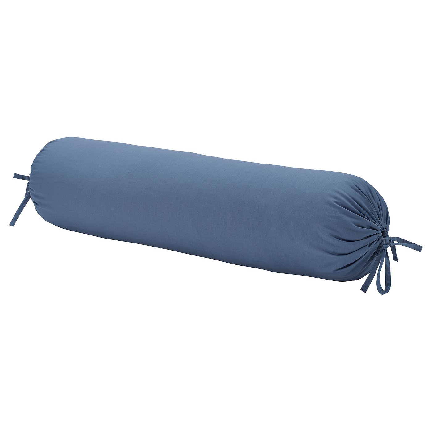 Blue DVALA bolster pillow with tied ends.