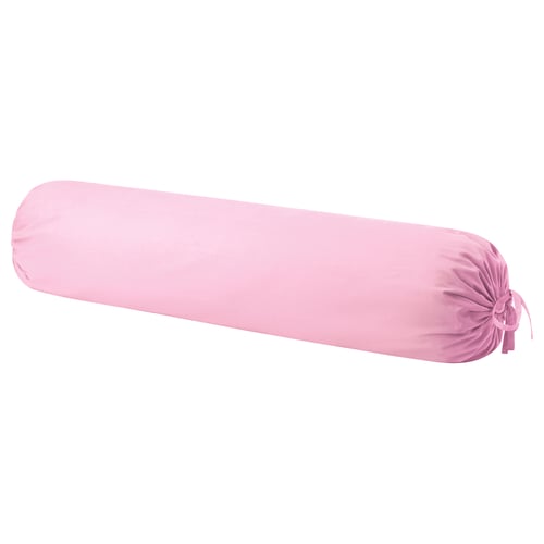 A pink DVALA cotton bolster pillow case, cylindrical in shape with a tied end design.
