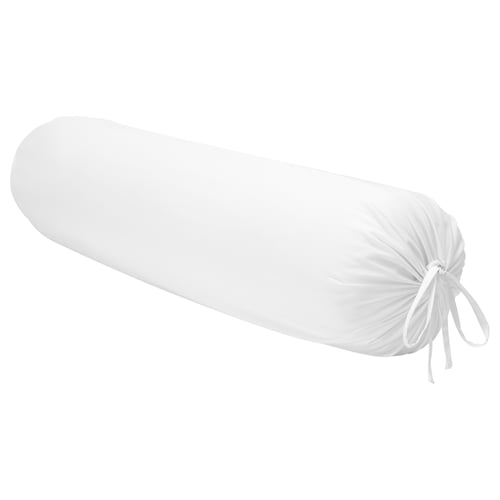 A white DVALA cylindrical pillow. Its fabric is 100% cotton, tied at one end.