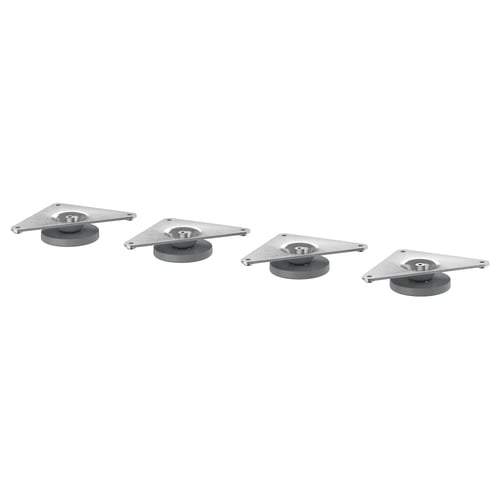 Four EKET adjustable feet in silver with rubber bases, designed to stabilise furniture on uneven floors.