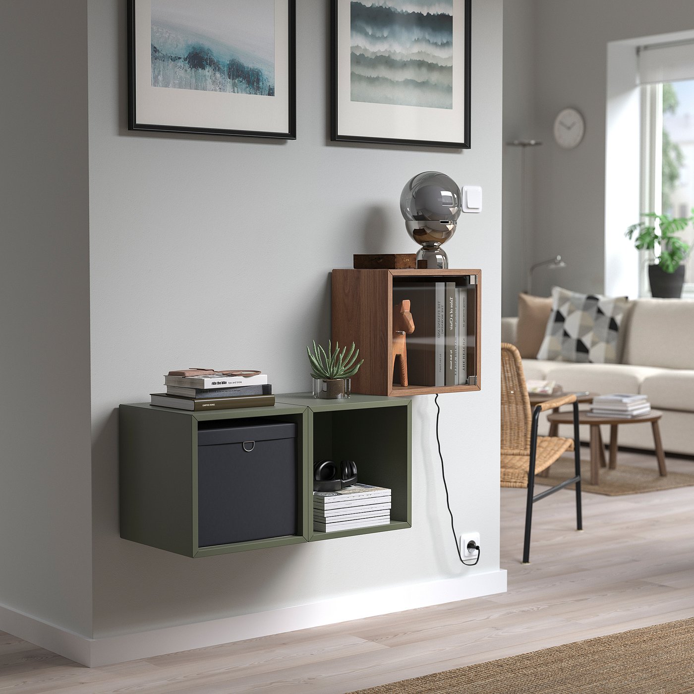 neconeco3 　IKEA イケア木製ナチュラルウッド引き出し付 EKET wall cabinet with glass door, brown walnut effect, 35x25x35