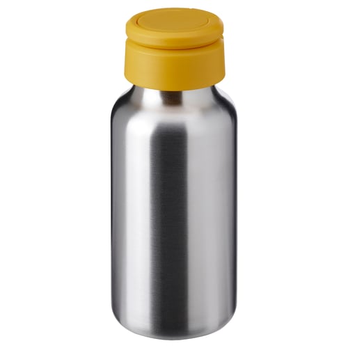 Stainless steel bottle with yellow lid and handle.