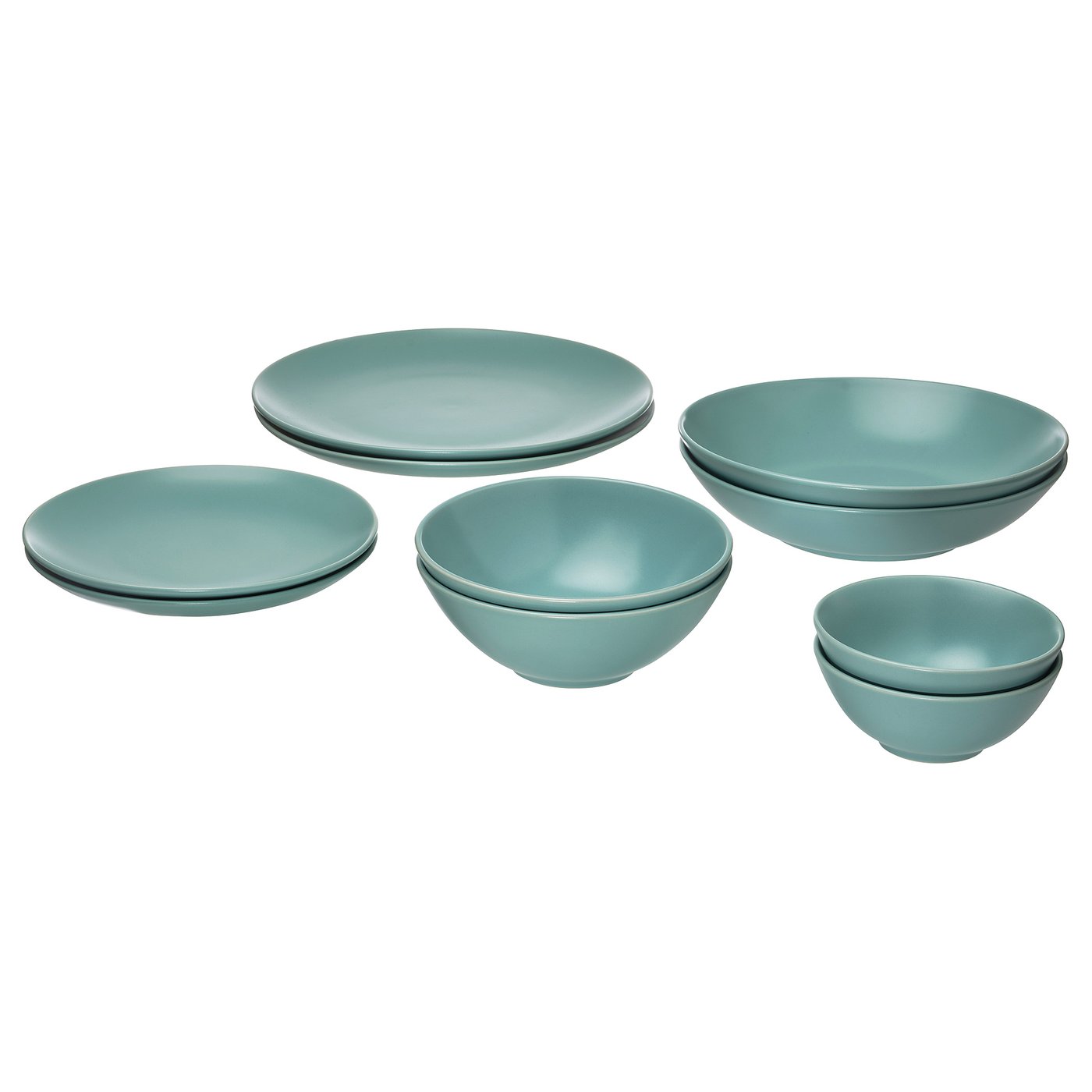 Green FÄRGKLAR dinner set, featuring plates and bowls with simple matte design.