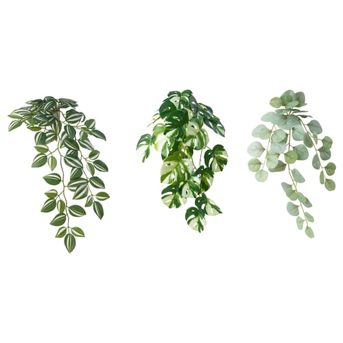 Three artificial green plants, vibrant and low-maintenance. Indoor/outdoor decor from recycled plastic.