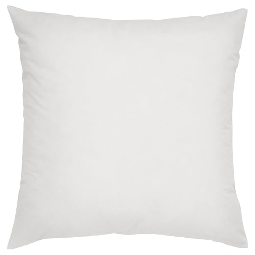 A white square cushion named FJÄDRAR, filled with duck feathers, offering fluffy comfort.