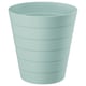 A FNISS waste bin in turquoise. Its made of durable recycled polypropylene. The bins cylindrical shape clean horizontal lines.