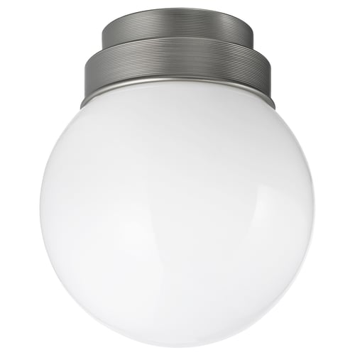 A round, white ceiling light named FRIHULT with a glass shade and metallic base, designed for bathroom use.