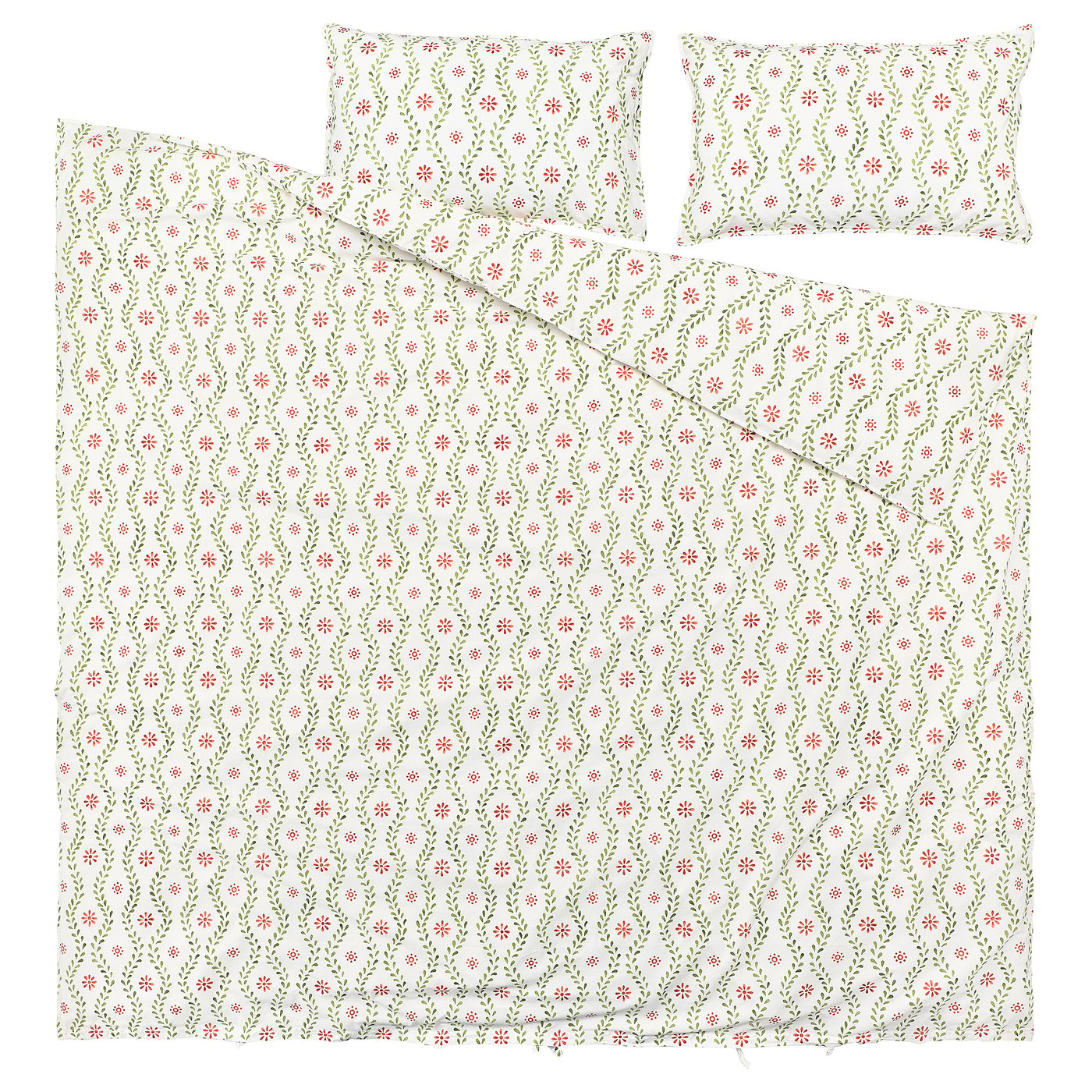 White FYRISVIDE bedding set with green-red floral patterns, 100% cotton.